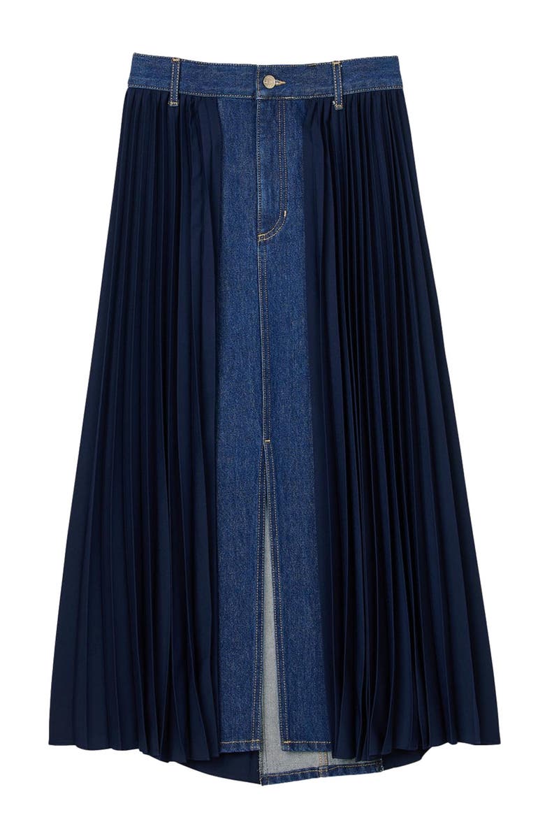 SANDRO Dual-material denim pleated skirt, Alternate, color,