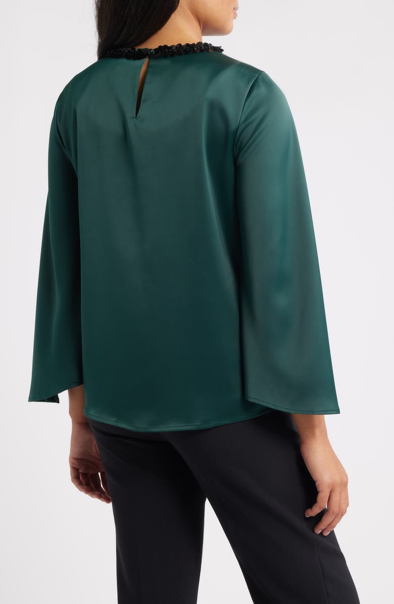 Anne Klein Sequin Accent Flutter Sleeve Satin Top, Alternate, color, Pine Forest