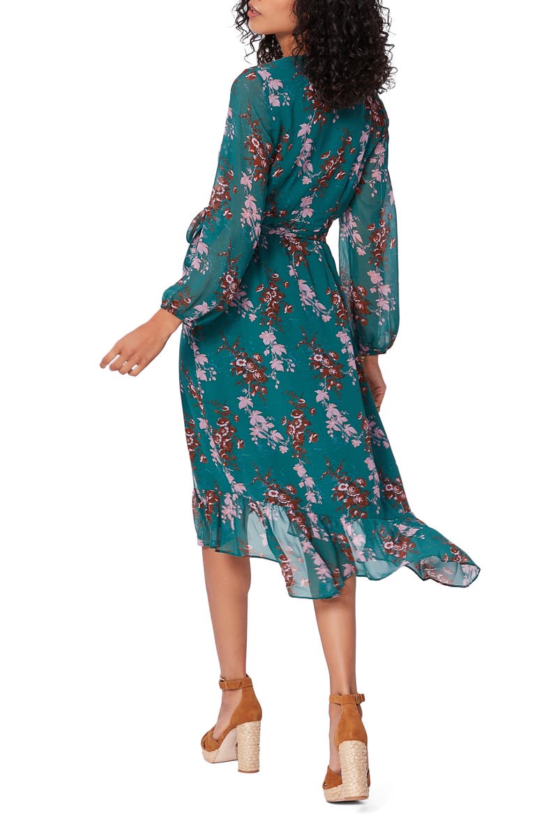 Palazzo Print Long Sleeve Silk Wrap Dress, Alternate, color, DARK AQUA MULTI