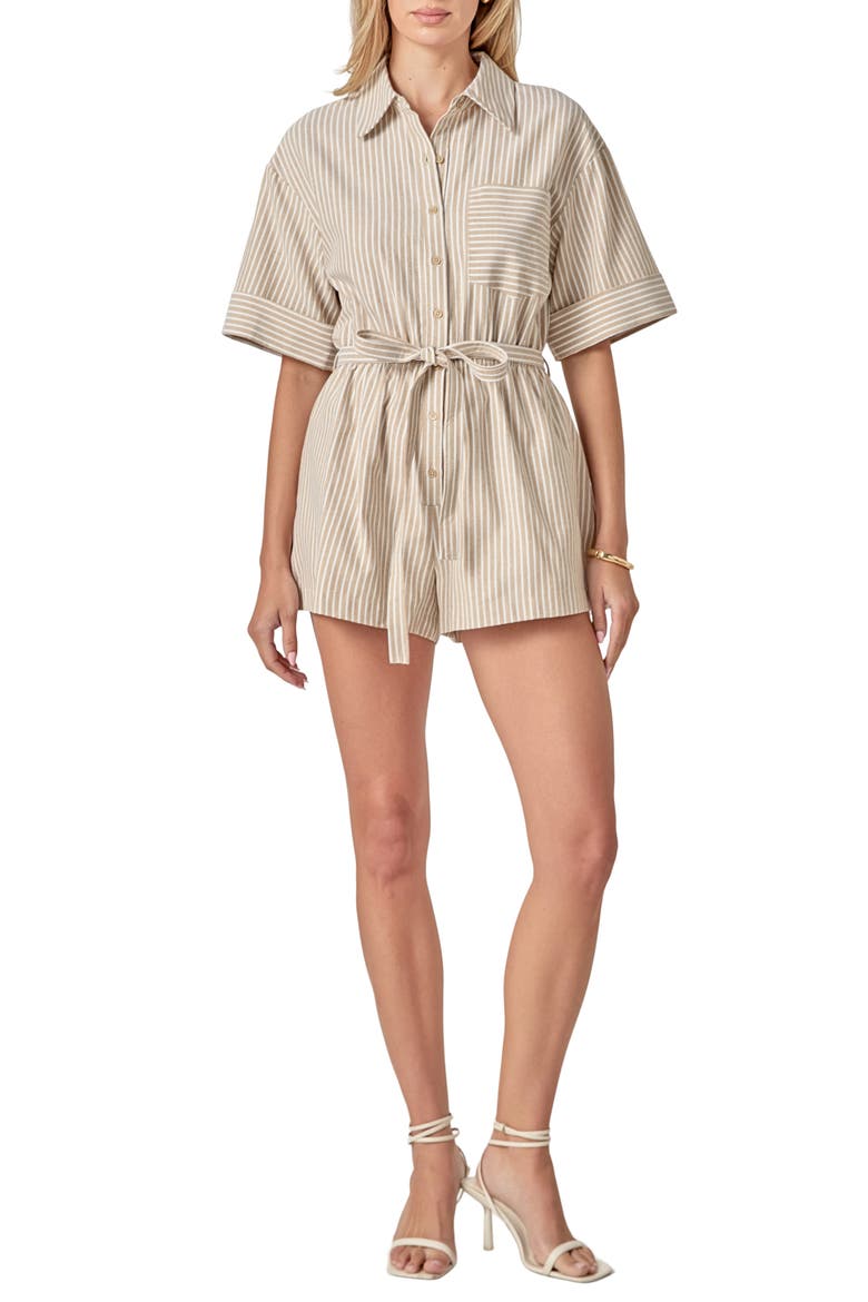 Stripe Cotton Blend Romper, Main, color, TAN STRIPE