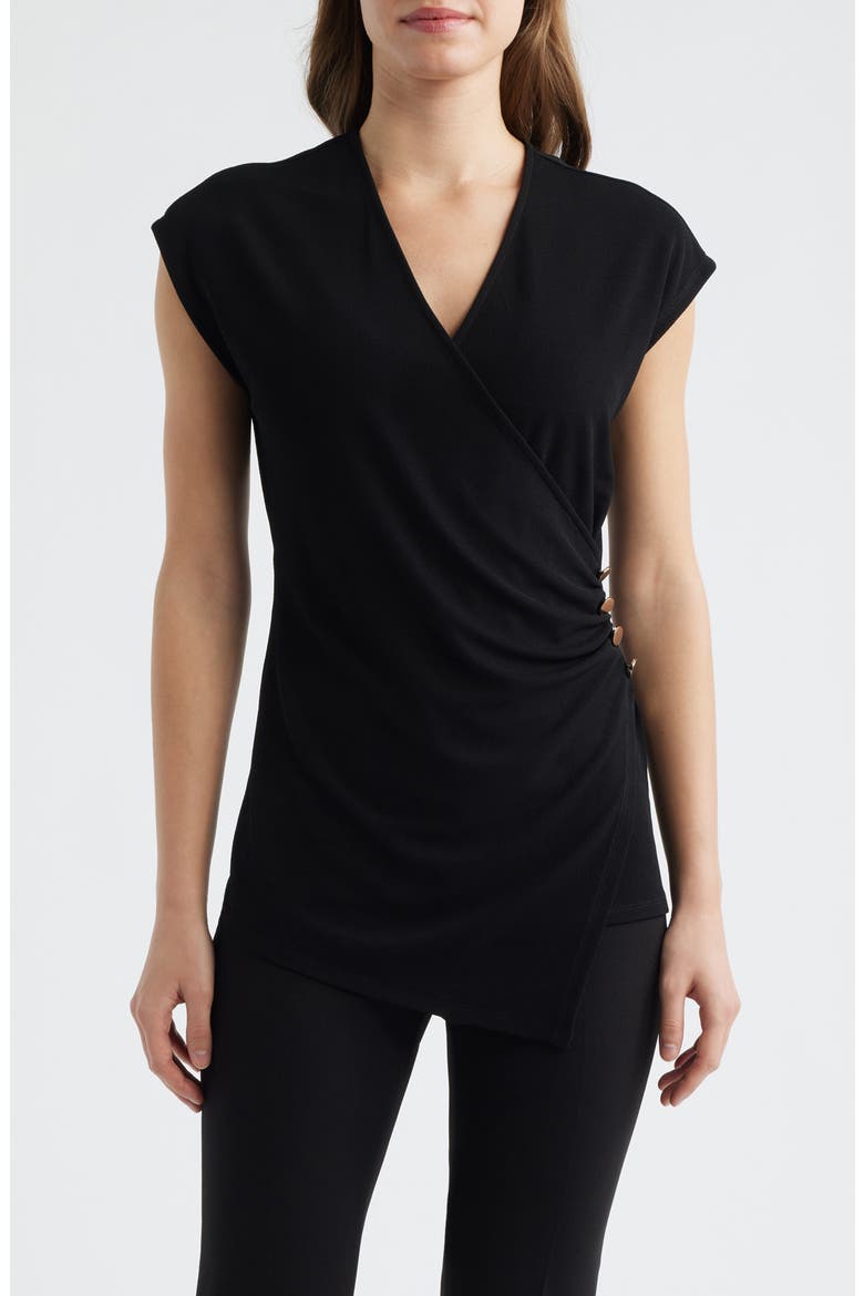 Side Button Faux Wrap Top, Main, color, ANNE BLACK