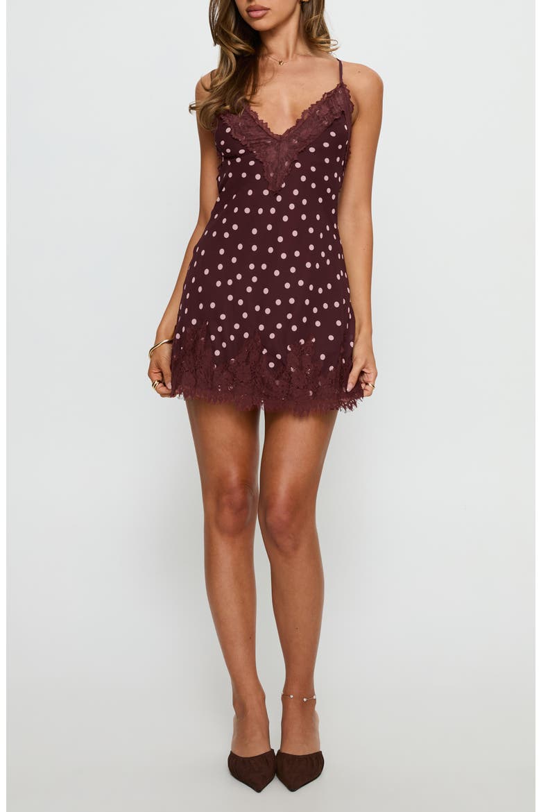 Call My Lover Polka Dot Mini Slipdress, Main, color, BROWN POLKA