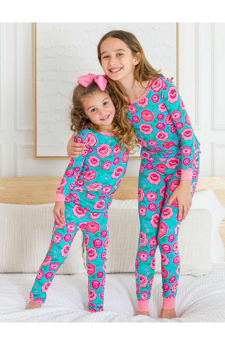 RuffleButts SoftSnooze Ruffle Long Sleeve Pajama Set, Signature Rear Ruffles, Alternate, color, Bright Blossoms