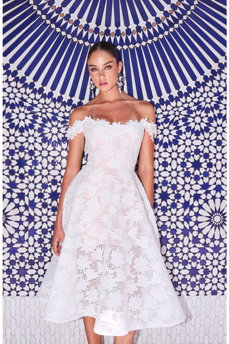 Valentina Floral Appliqué Off the Shoulder Cocktail Midi Dress, Alternate, color, OFF WHITE