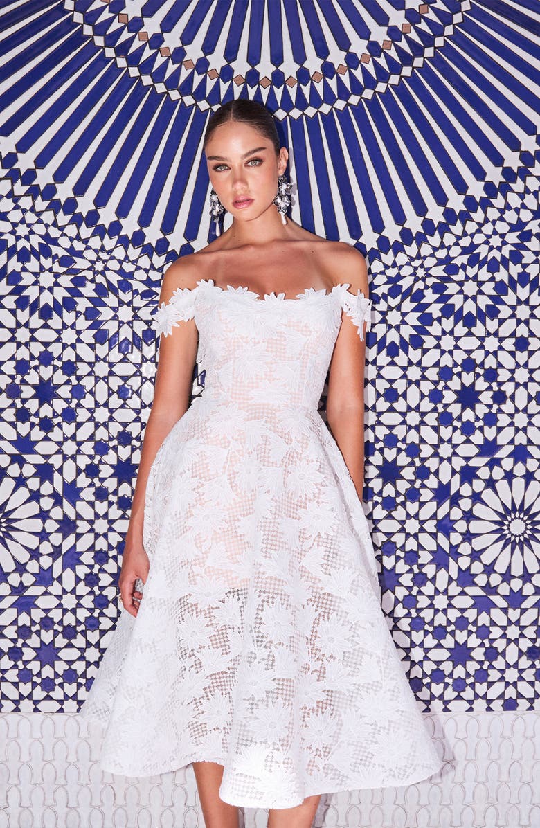 HELSI Valentina Floral Appliqué Off the Shoulder Cocktail Midi Dress, Alternate, color, Off White