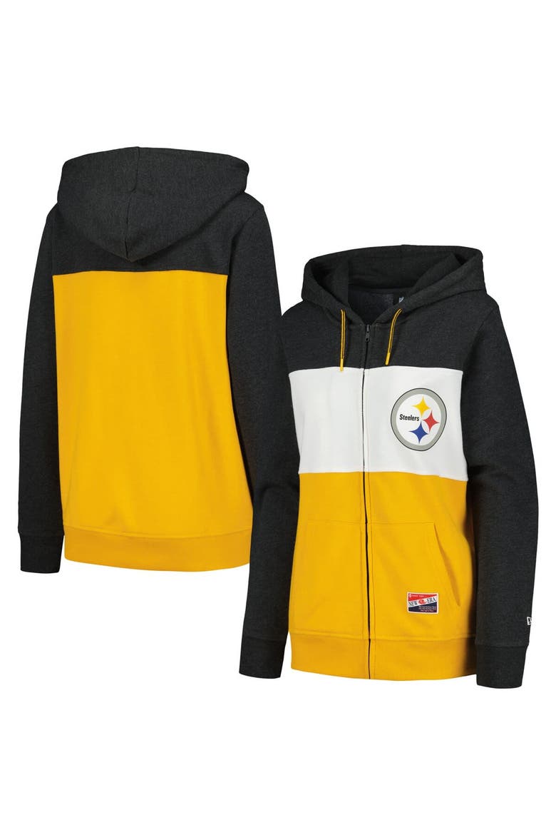 Women's New Era Black Pittsburgh Steelers Color-Block Full-Zip Hoodie, Main, color, Black