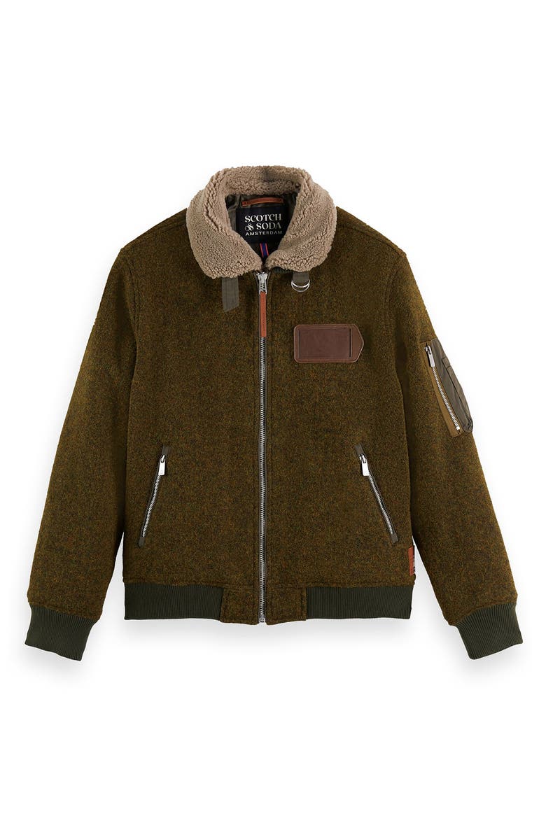 Scotch & Soda Faux Shearling Lined Mélange Wool Blend Aviator Jacket, Alternate, color, 0813-Military Melange