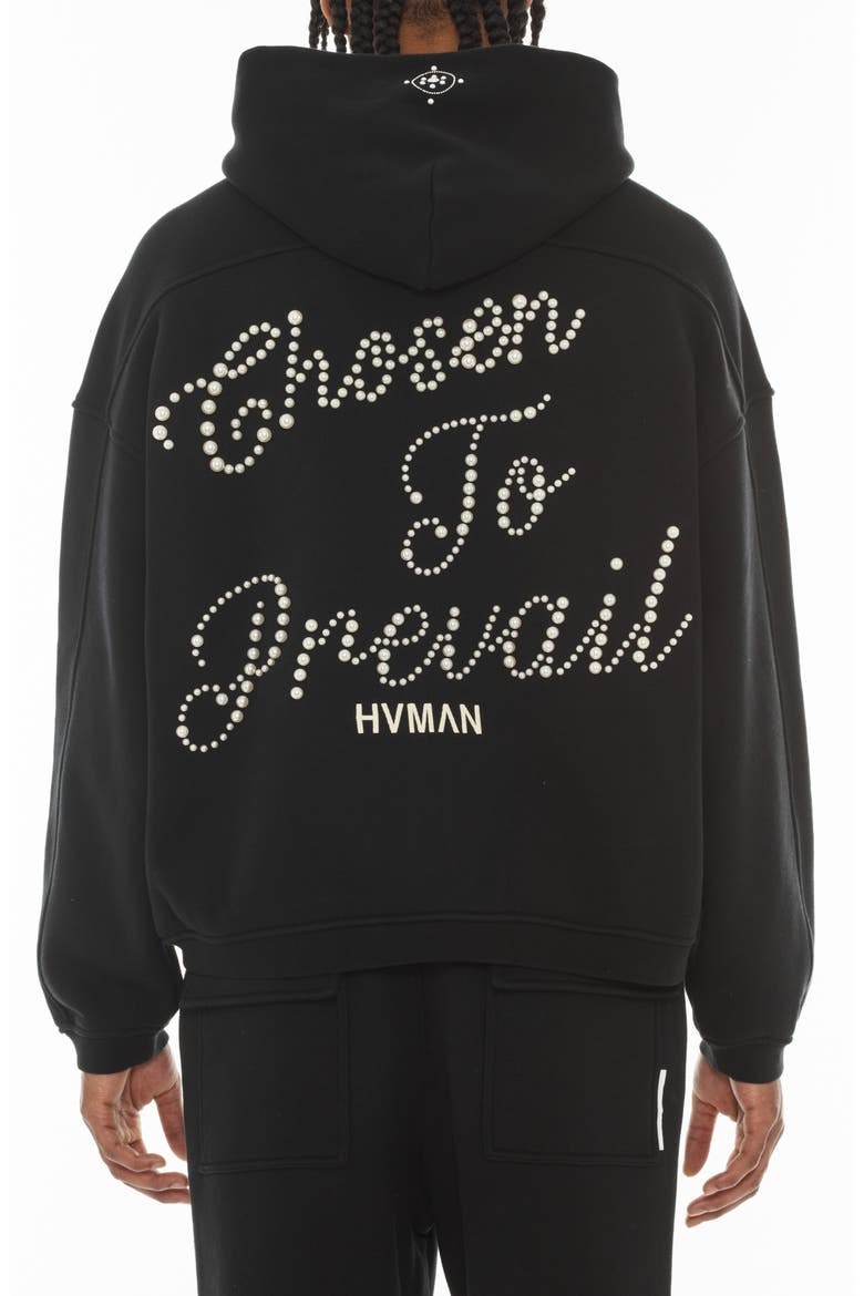 Imitation Pearl Embellished Zip-Up Graphic Hoodie, Alternate, color, BLACK