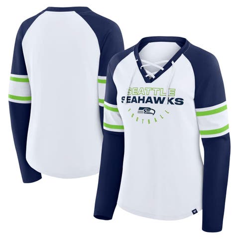 Women's Fanatics White/College Navy Seattle Seahawks Redzone Blitz Package Raglan Lace-Up V-Neck Long Sleeve T-Shirt