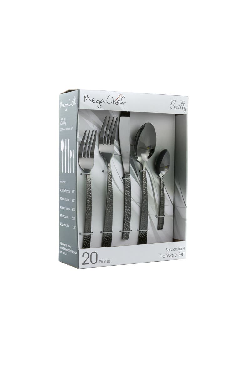 Baily 20 Piece Flatware Utensil Set, Stainless Steel Silverware Metal Service for 4, Main, color, Black