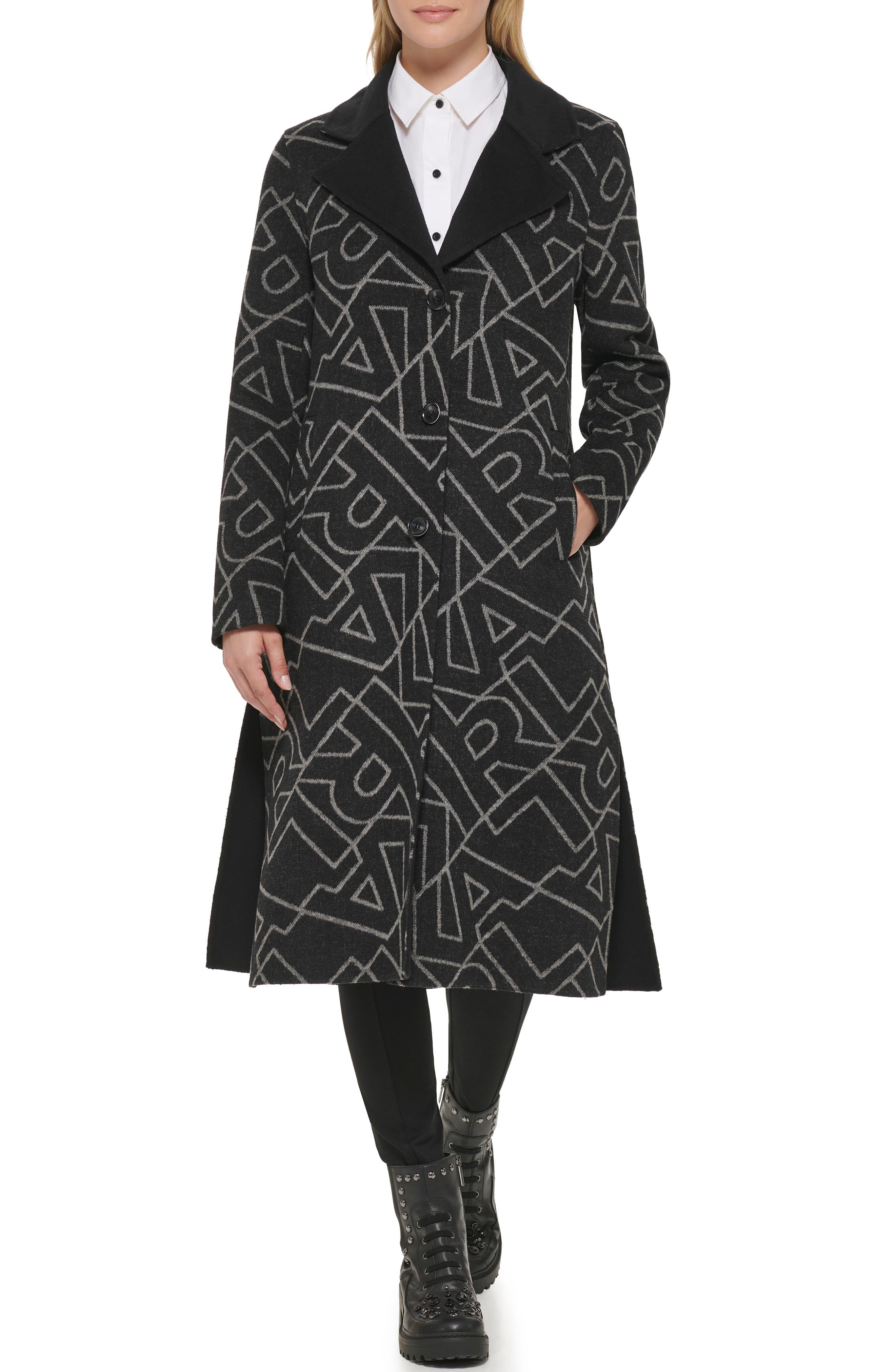 KARL LAGERFELD PARIS Logo Print Wool Blend Maxi Overcoat (Women ...