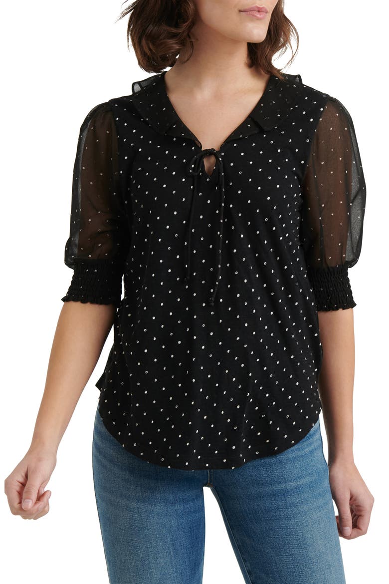 Mixed Media Ruffle Top, Main, color, BLACK MULTI