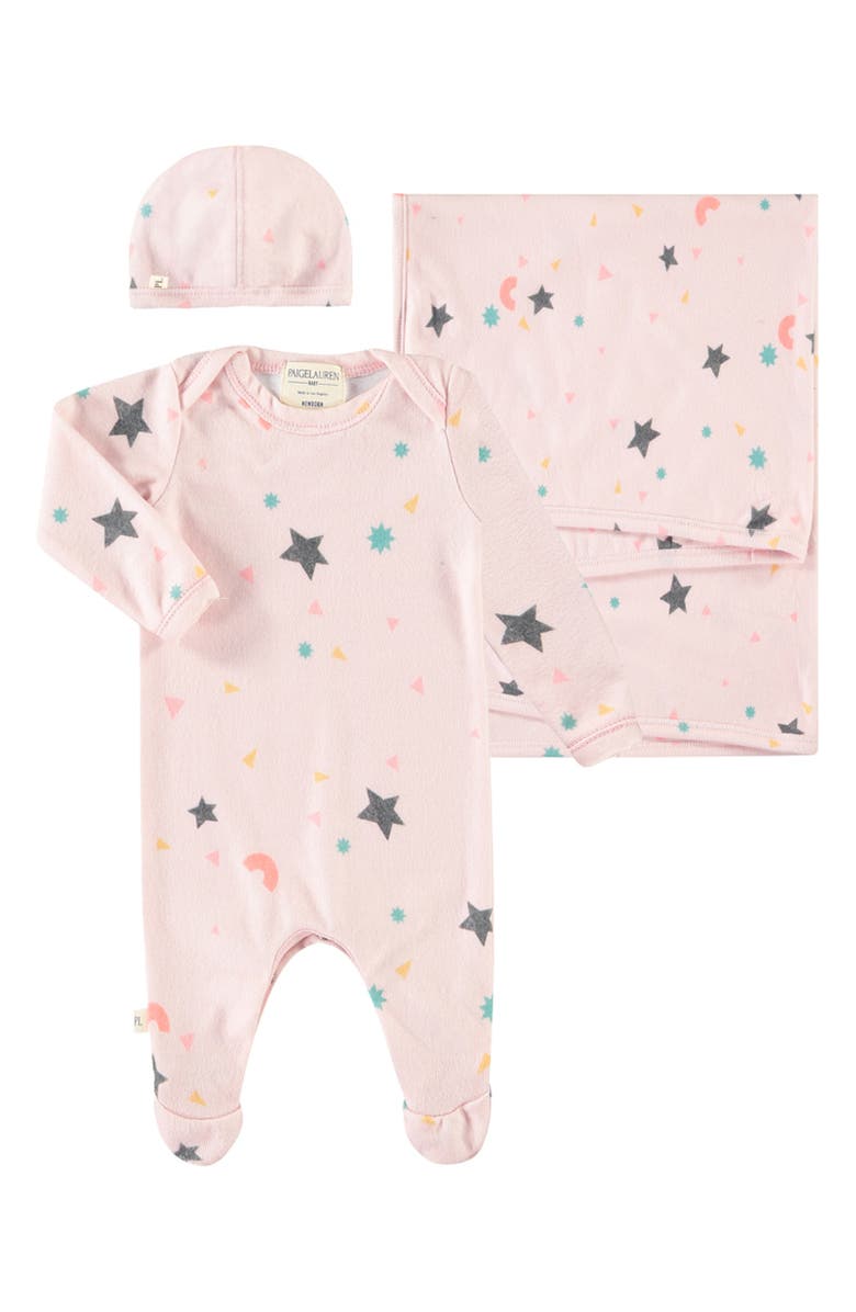 PAIGELAUREN Welcome Home Hacci Footie, Hat & Blanket Set, Main, color, 