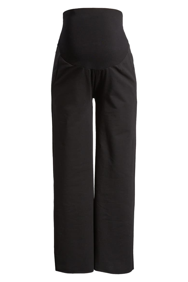 Foldover Waistband Stretch Cotton Maternity Pants, Alternate, color, BLACK