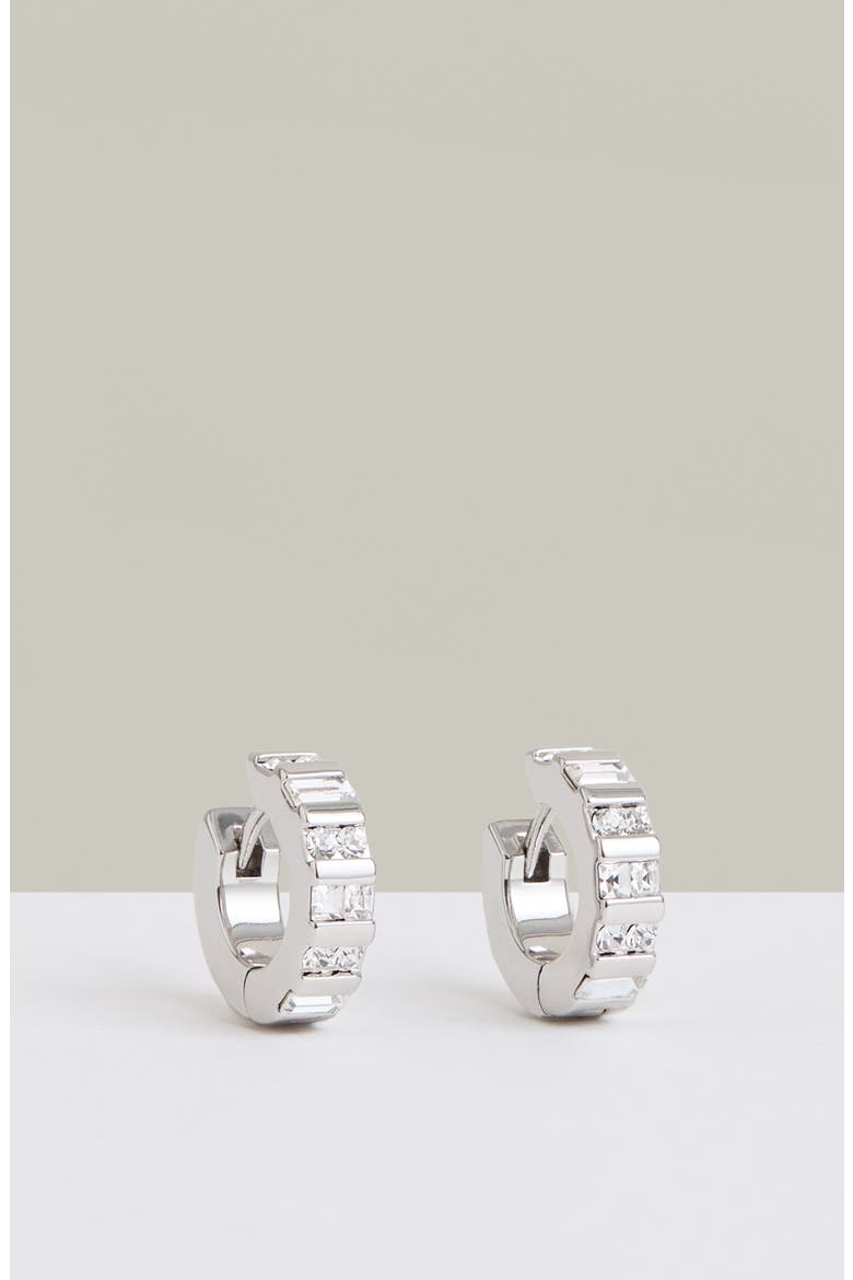 Sadie Crystal Huggie Hoop Earrings, Alternate, color, SILVER TONE/ CLEAR CRYSTAL