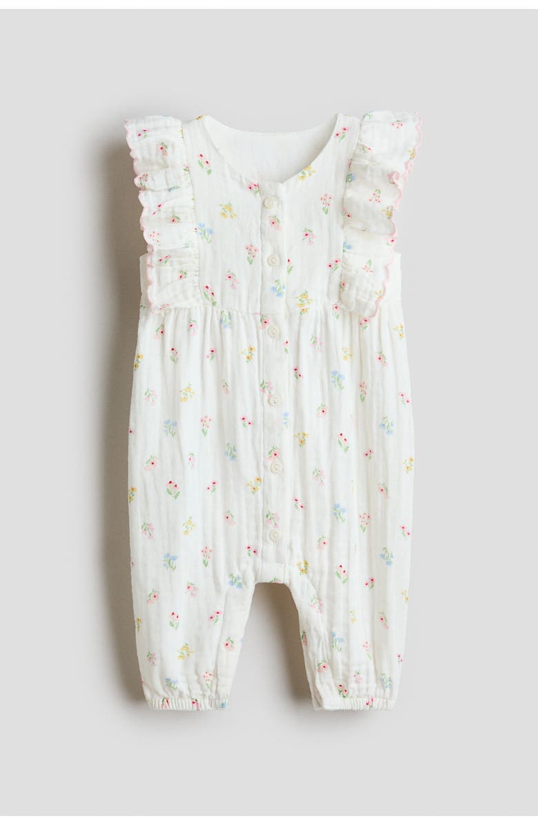 H&M Frilled Muslin Romper Suit, Main, color, White/Floral
