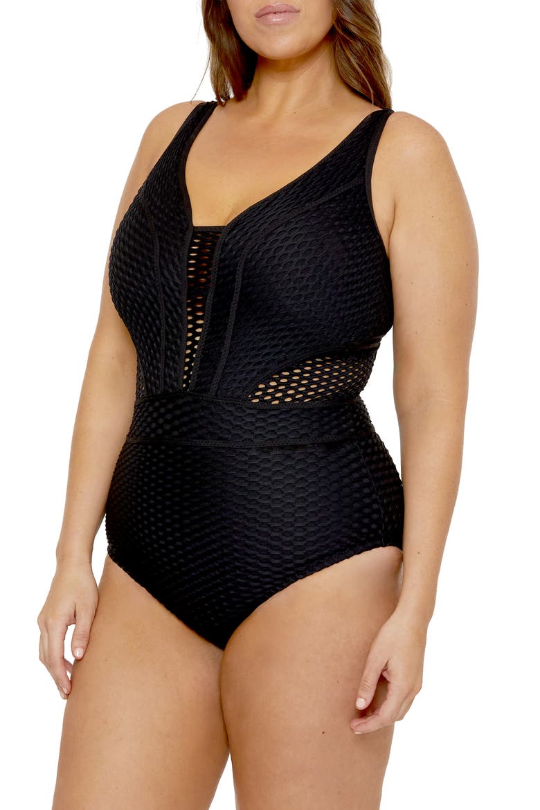 Castaway One-Piece Swimsuit Plus), Alternate, color, BLACK
