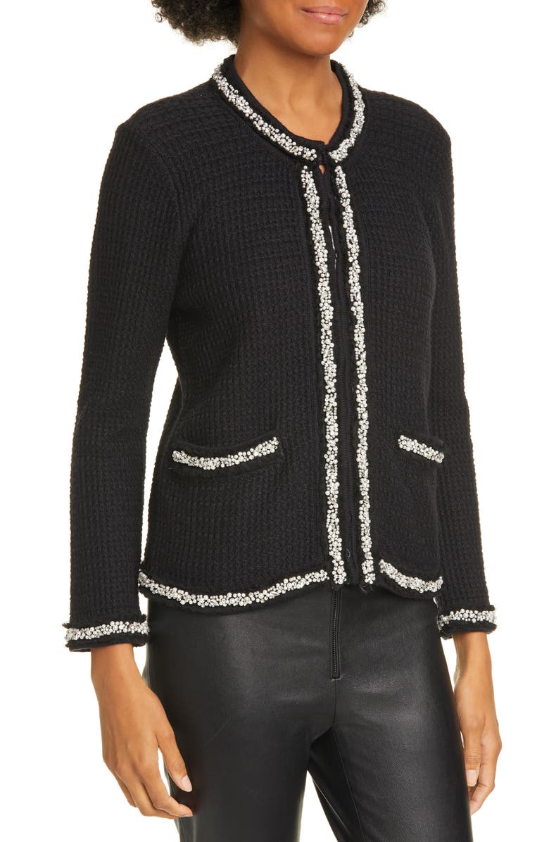 Alice + Olivia Georgia Imitation Pearl Detail Cotton Blend Sweater Jacket, Alternate, color,