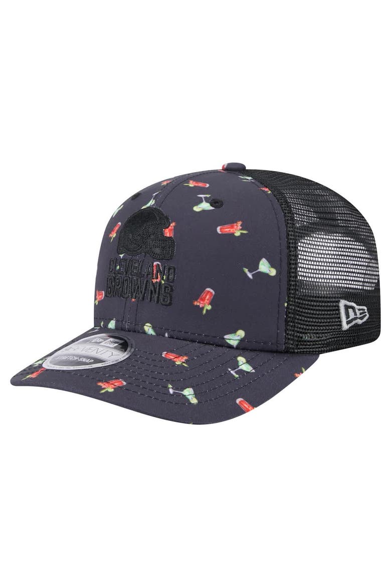Men's New Era  Navy/Black Cleveland Browns Adventure Drinks Pattern 9SEVENTY Stretch-Snap Hat, Main, color, Navy