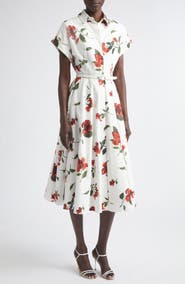 Oscar de la Renta Chiné Hibiscus Cotton Stretch Poplin Midi Shirtdress