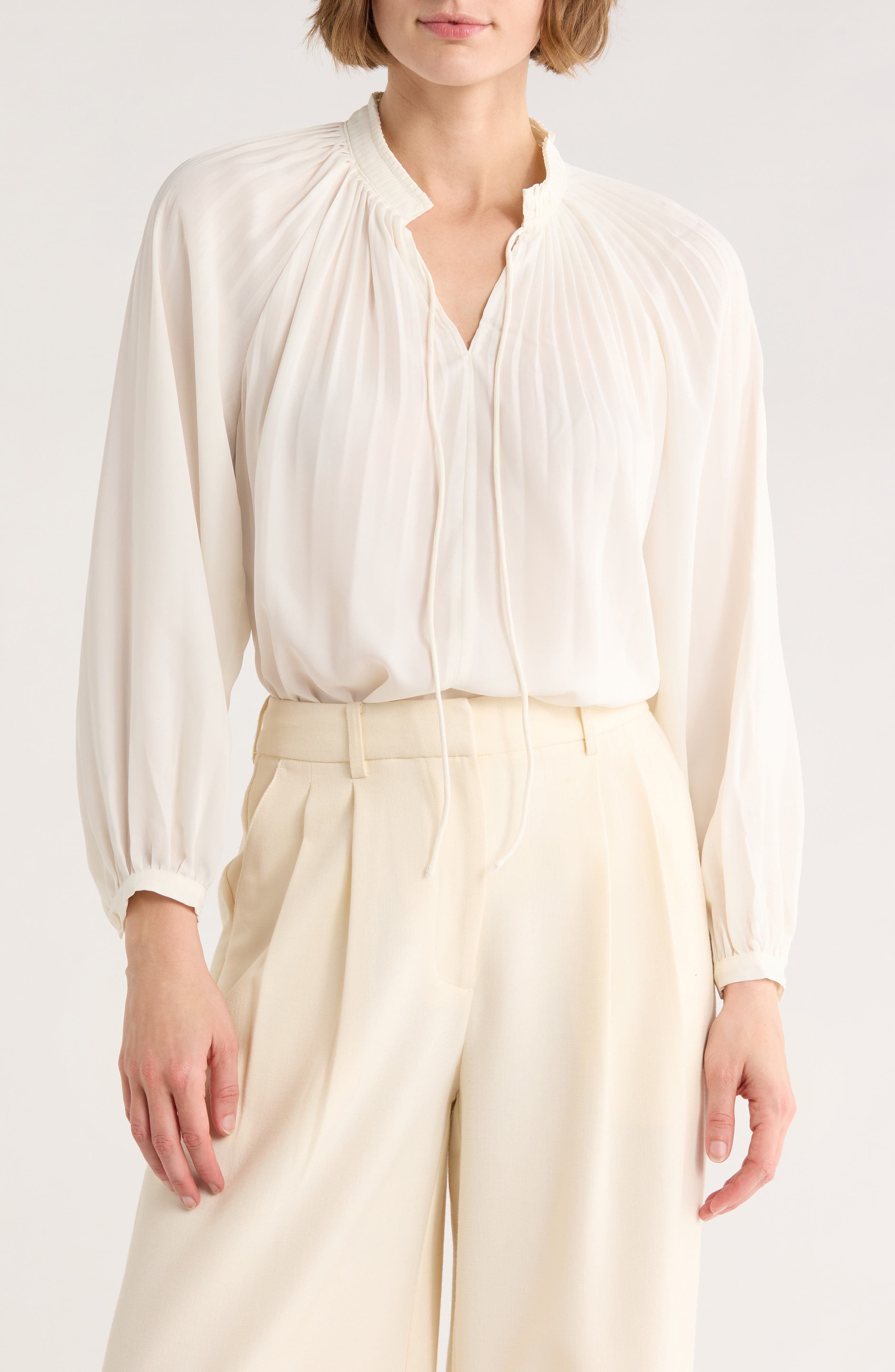 ELIE ELIE TAHARI Pleated Tie Neck Balloon Sleeve Top