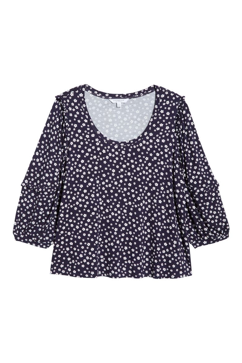 Ruffle Sleeve Print Top, Alternate, color, NAVY/ WHITE DITSY