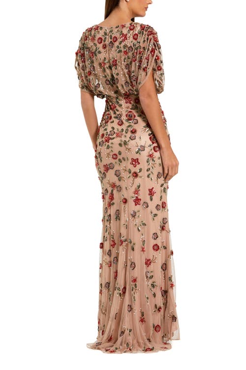 Mac Duggal Floral Embellished Short Sleeve Blouson Gown In Multi