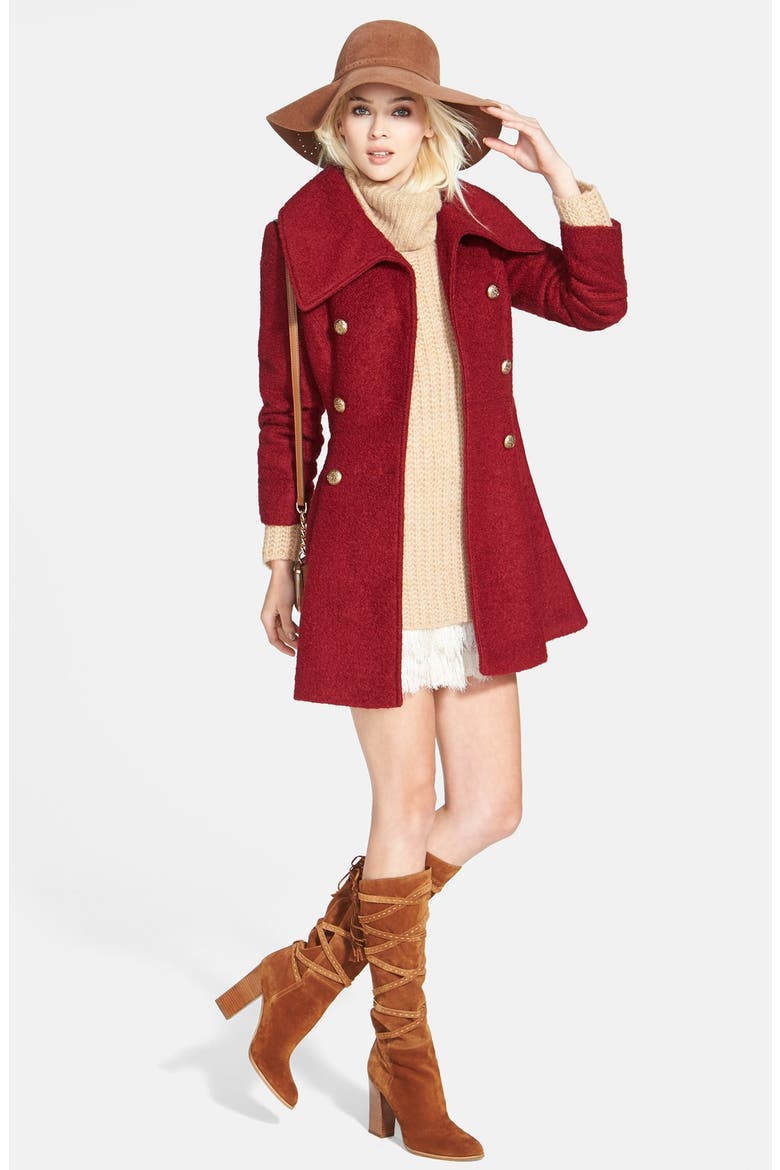 Double Breasted Bouclé Coat, Alternate, color, BURGUNDY