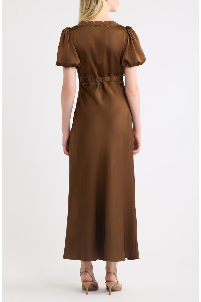 Puff Sleeve Lace Trim Maxi Dress, Alternate, color, BROWN