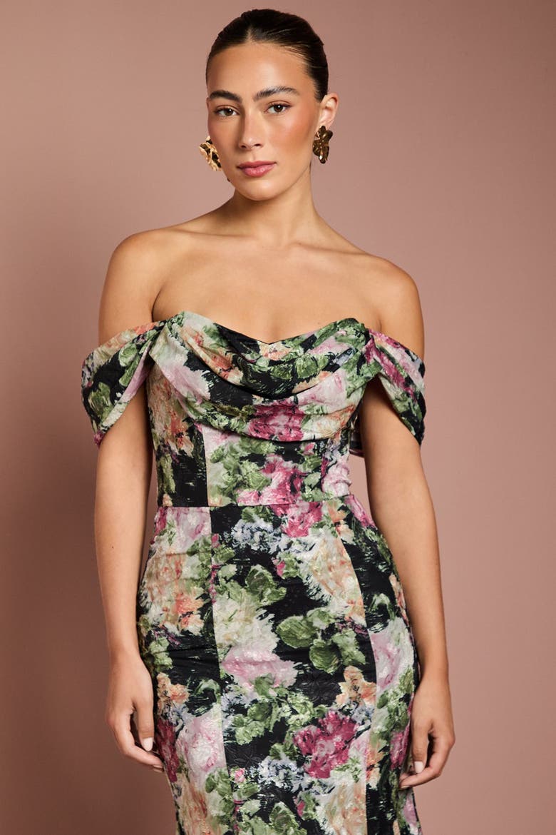 Floral Bardot Maxi Dress, Alternate, color, Black