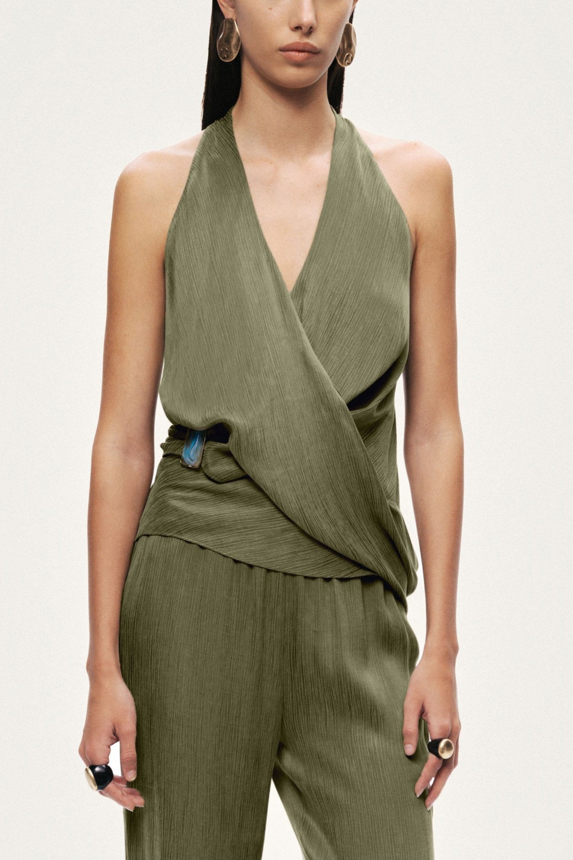 Asymmetric Halter Wrap Top