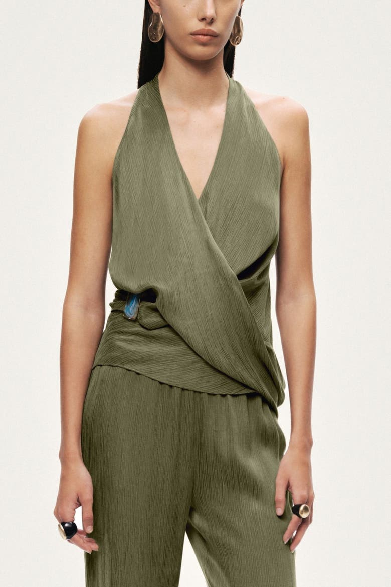 Asymmetric Halter Wrap Top, Main, color, Khaki