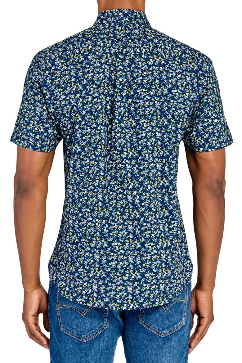 Slim Fit Mini Floral Recycled 4-Way Stretch Performance Short Sleeve Shirt, Alternate, color, NAVY