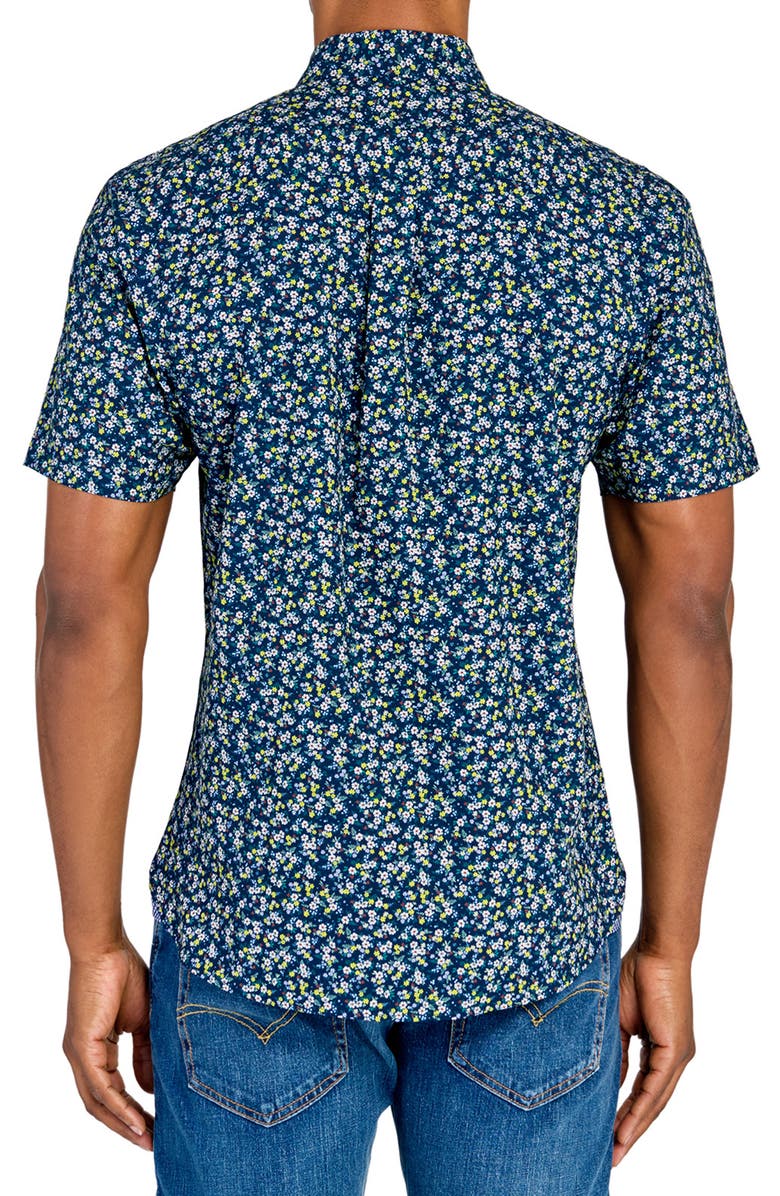 CONSTRUCT Slim Fit Mini Floral Recycled 4-Way Stretch Performance Short Sleeve Shirt, Alternate, color, Navy