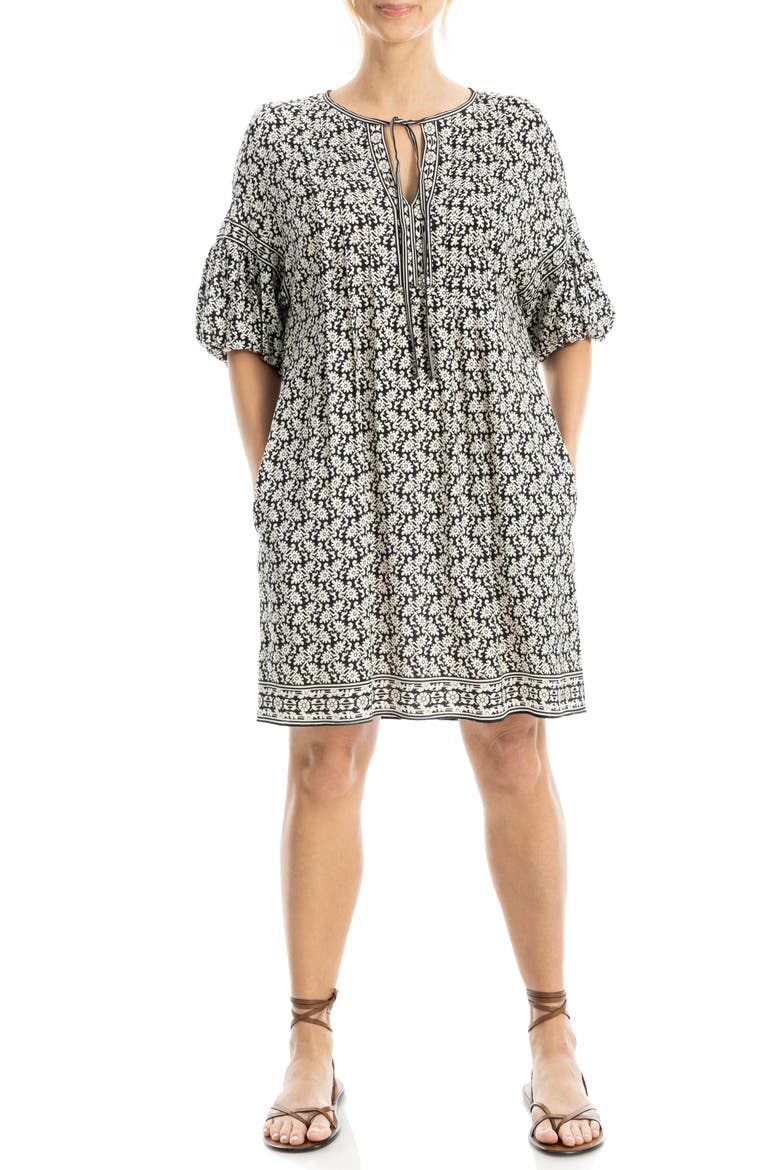 Floral Puff Sleeve Shift Dress, Alternate, color, BLACK/ CREAM BLOCK LEAF