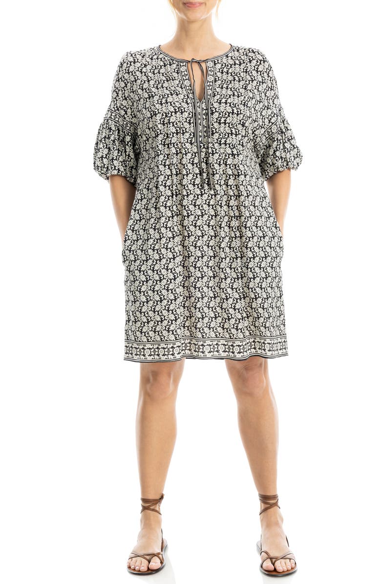 MAX STUDIO Floral Puff Sleeve Shift Dress, Alternate, color, Black/ Cream Block Leaf