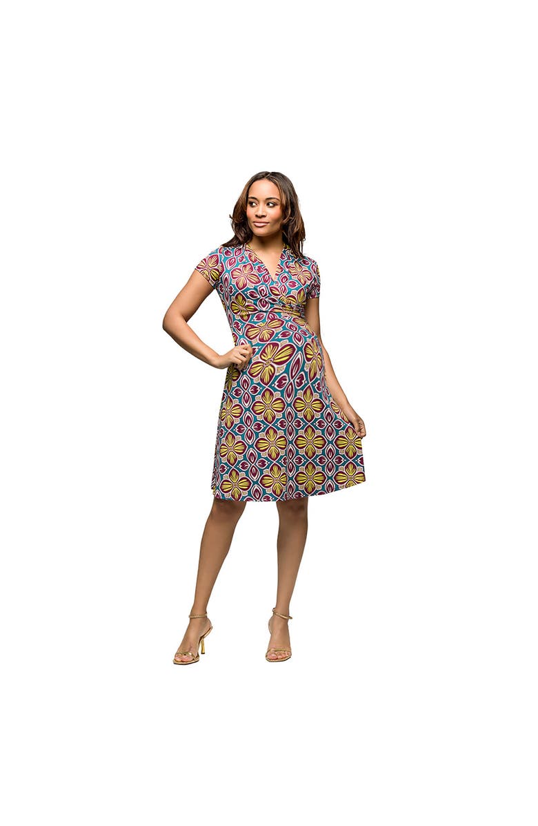 24seven Comfort Apparel Maternity Floral Print Short Sleeve Knee Length V-Neck Wrap Dress, Main, color, Green Multi