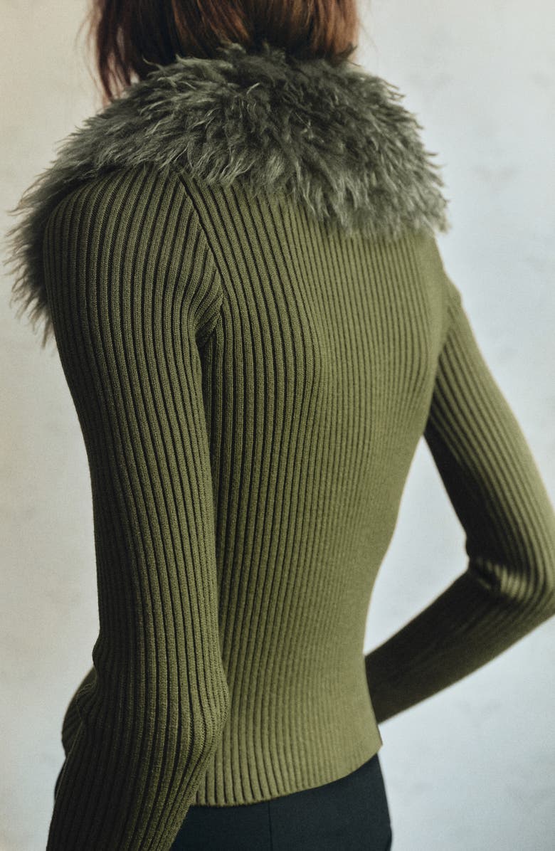 MANGO Faux Fur Collar Zip Cardigan, Alternate, color, 