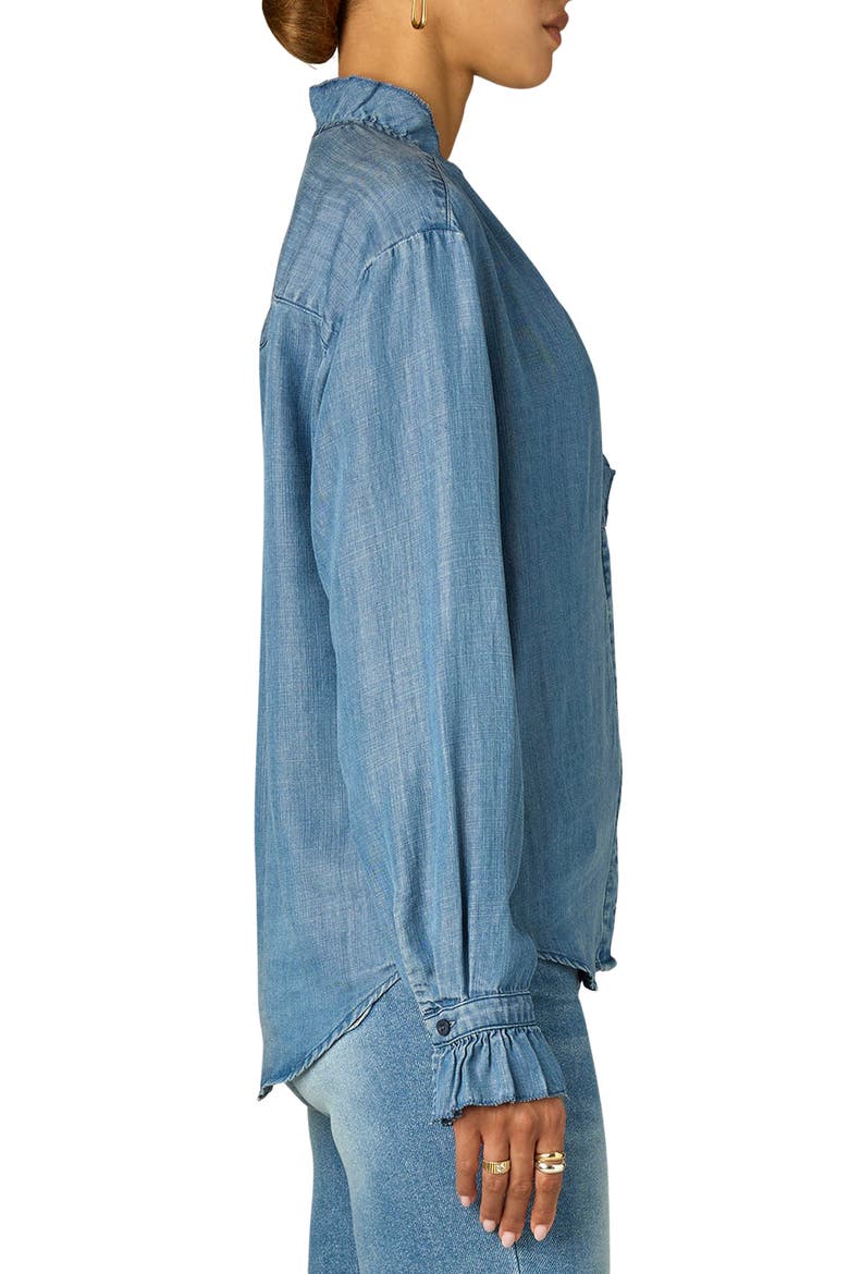 Ruffle Neck Lyocell Chambray Shirt, Alternate, color, MID BLUE
