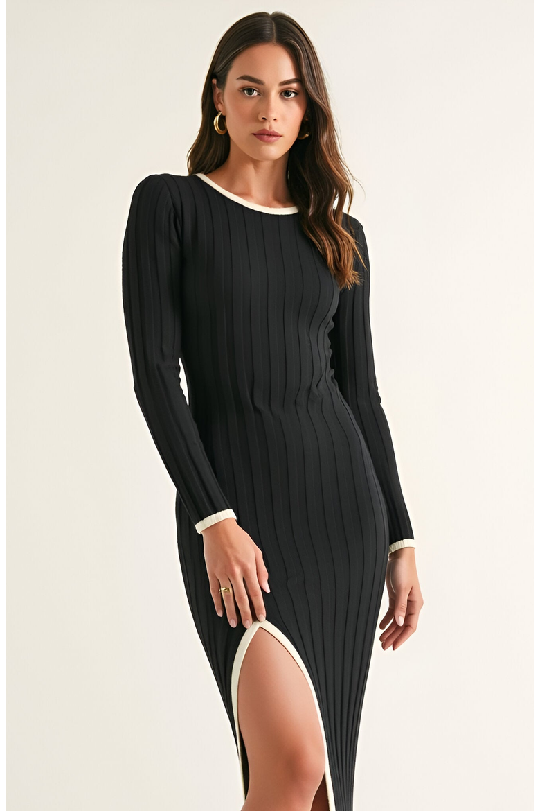 Ribbed Knit Long Sleeve Midi Dress with Contrast Trim and Side Slit, Alternate, color, Black / White