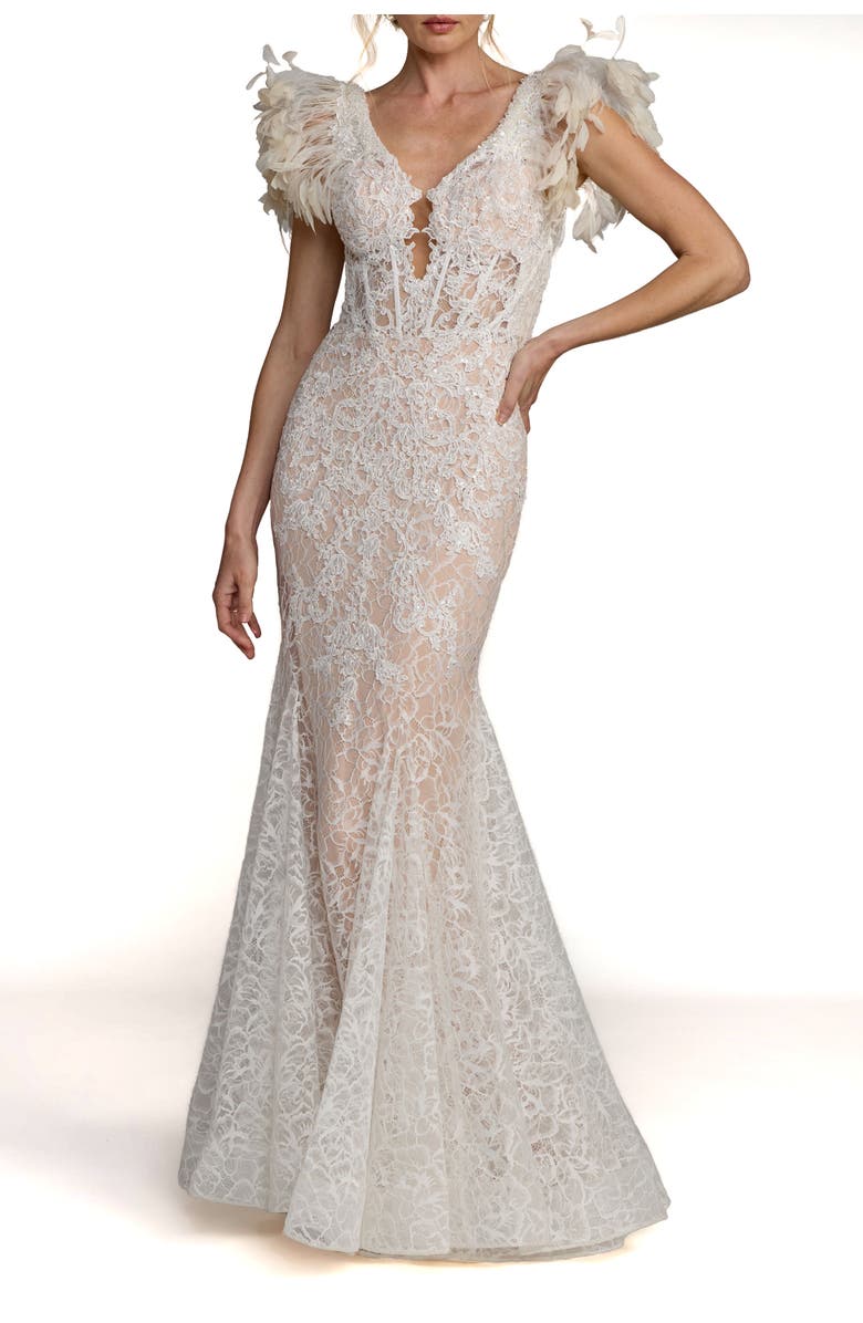 Mac Duggal Feather Detail Embellished Mermaid Gown, Main, color, Ivory Nude