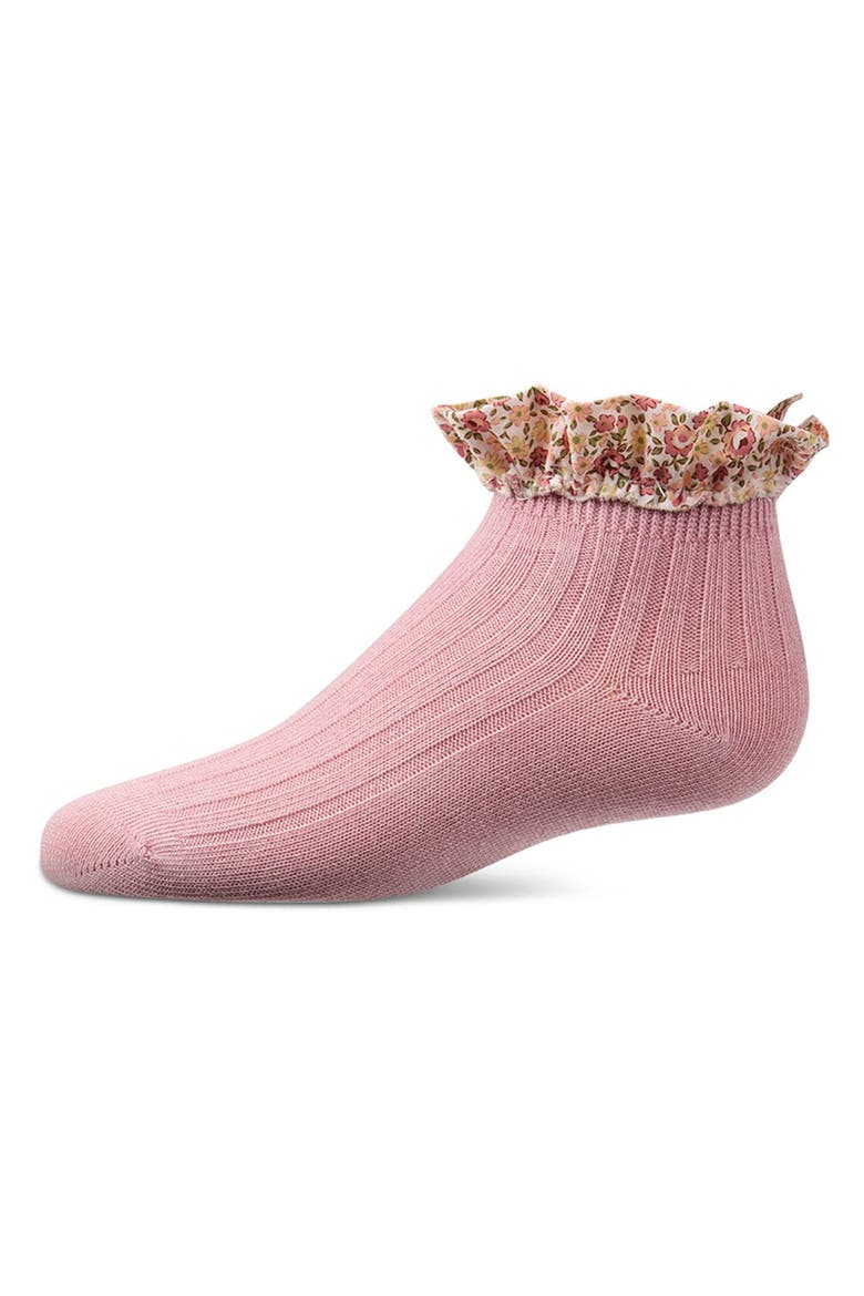Ribbed  Floral Ruffle-Trimmed Ankle Sock, Main, color, Blush