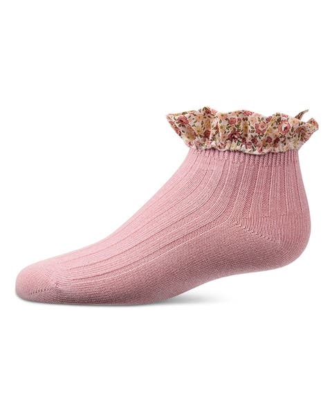 Ribbed  Floral Ruffle-Trimmed Ankle Sock