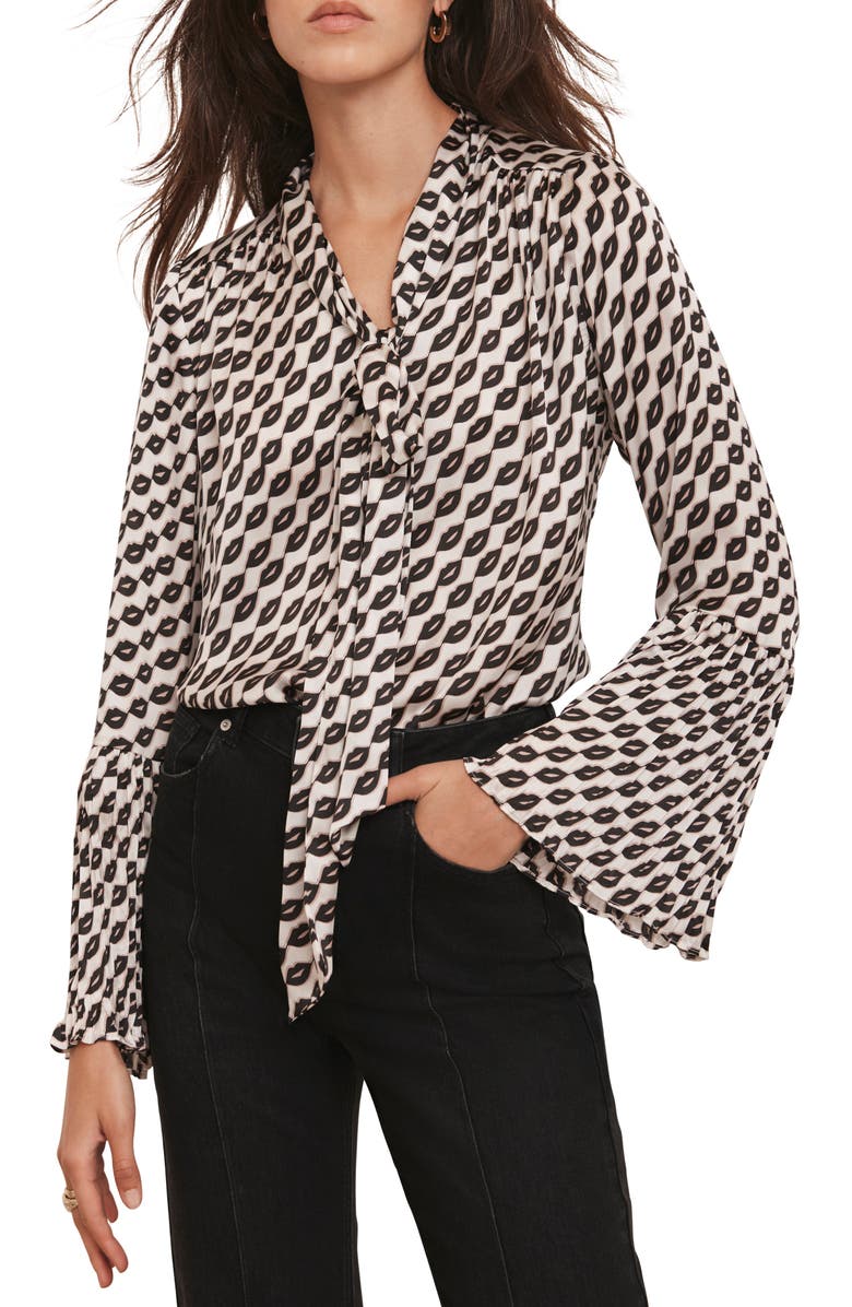 MINT VELVET Lip Print Bow Blouse, Main, color, Black