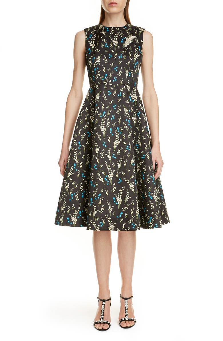 Erdem Floral Print Belted A-Line Satin Dress, Alternate, color,