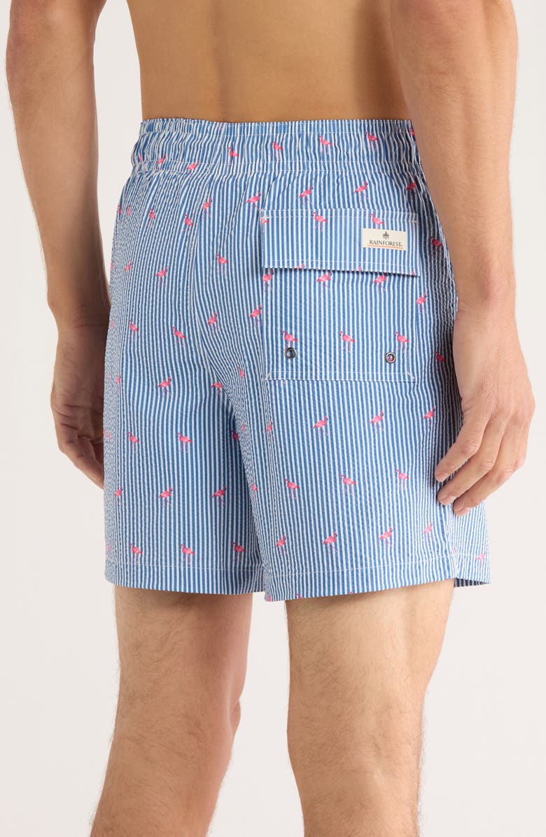 Rainforest Flamingo Stripe Seersucker Swim Trunks, Alternate, color, Bering Sea