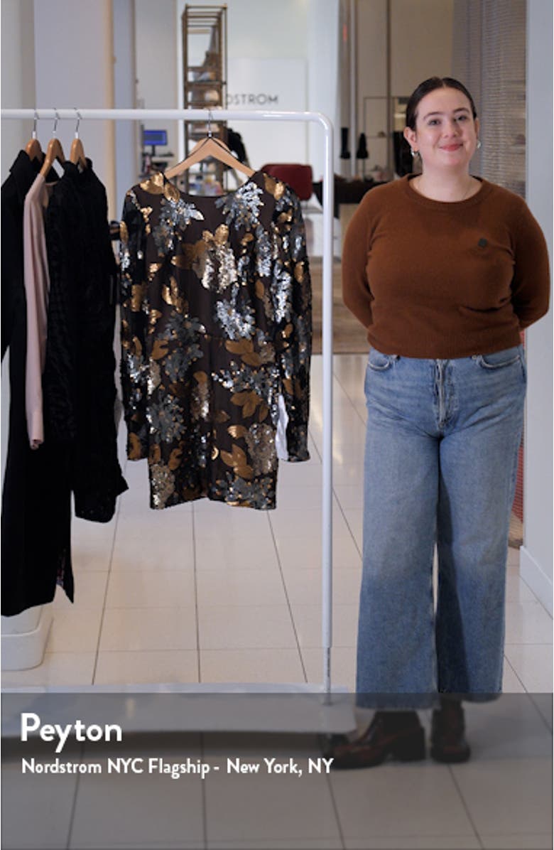 Hazel Sequin Leaf Print Long Sleeve Cocktail Minidress, sales video thumbnail