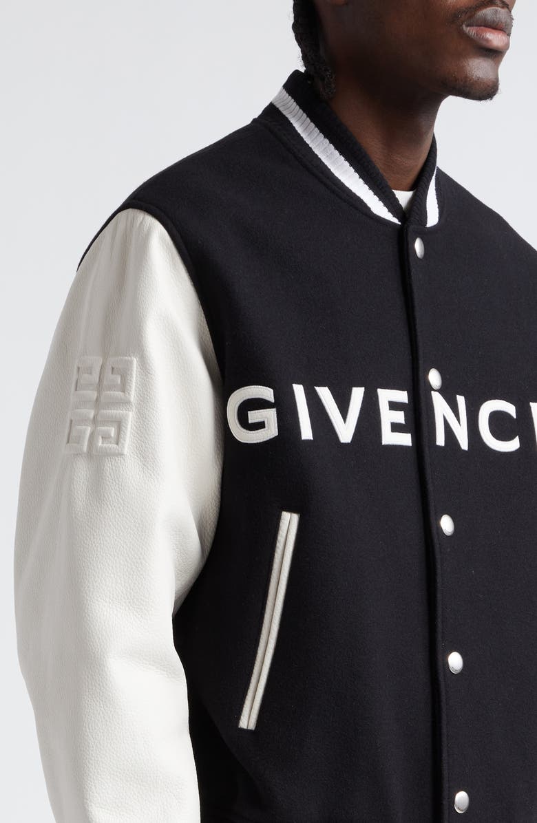 Givenchy Embroidered Logo Mixed Media Leather & Wool Blend Varsity Jacket, Alternate, color, Black/ White