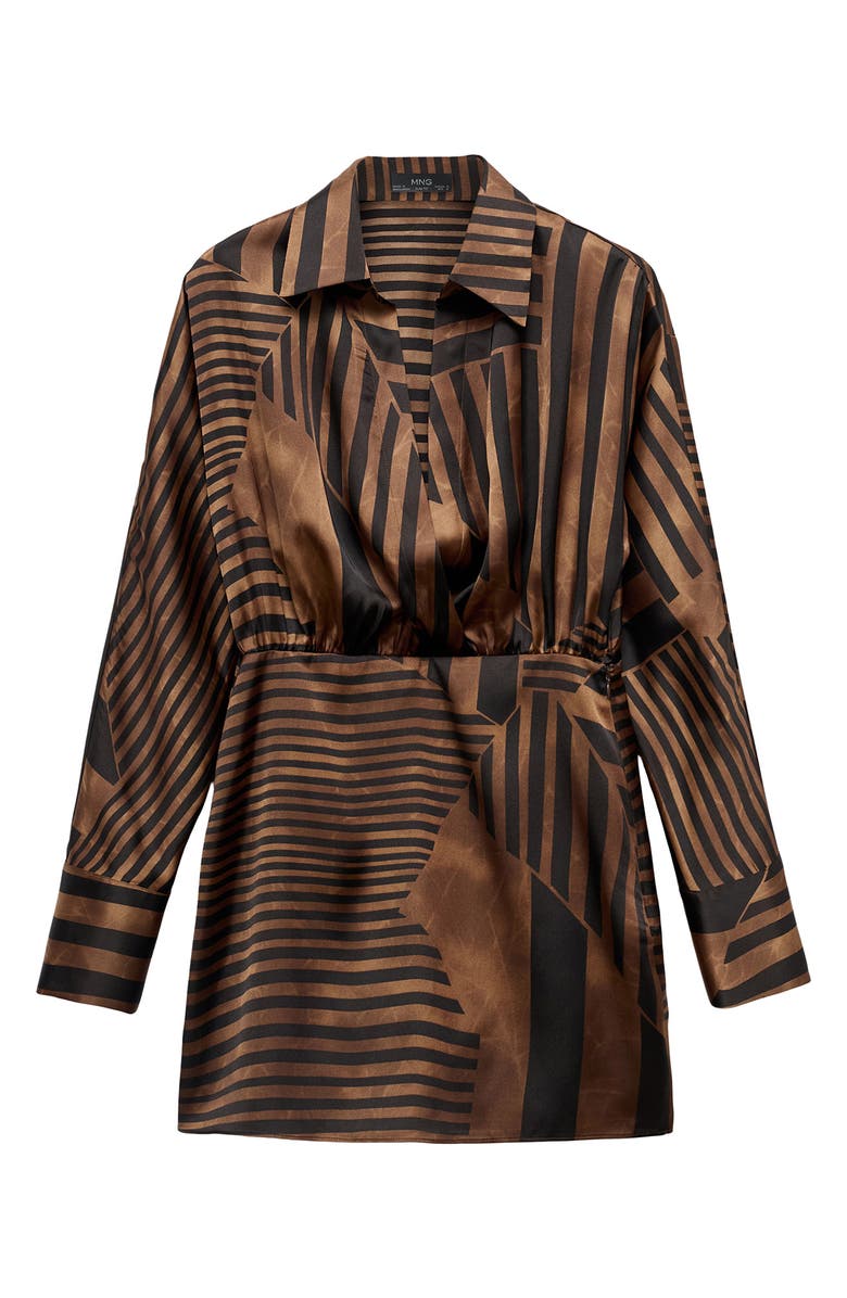 MANGO Mixed Stripe Long Sleeve Satin Mini Shirtdress, Alternate, color, Brown