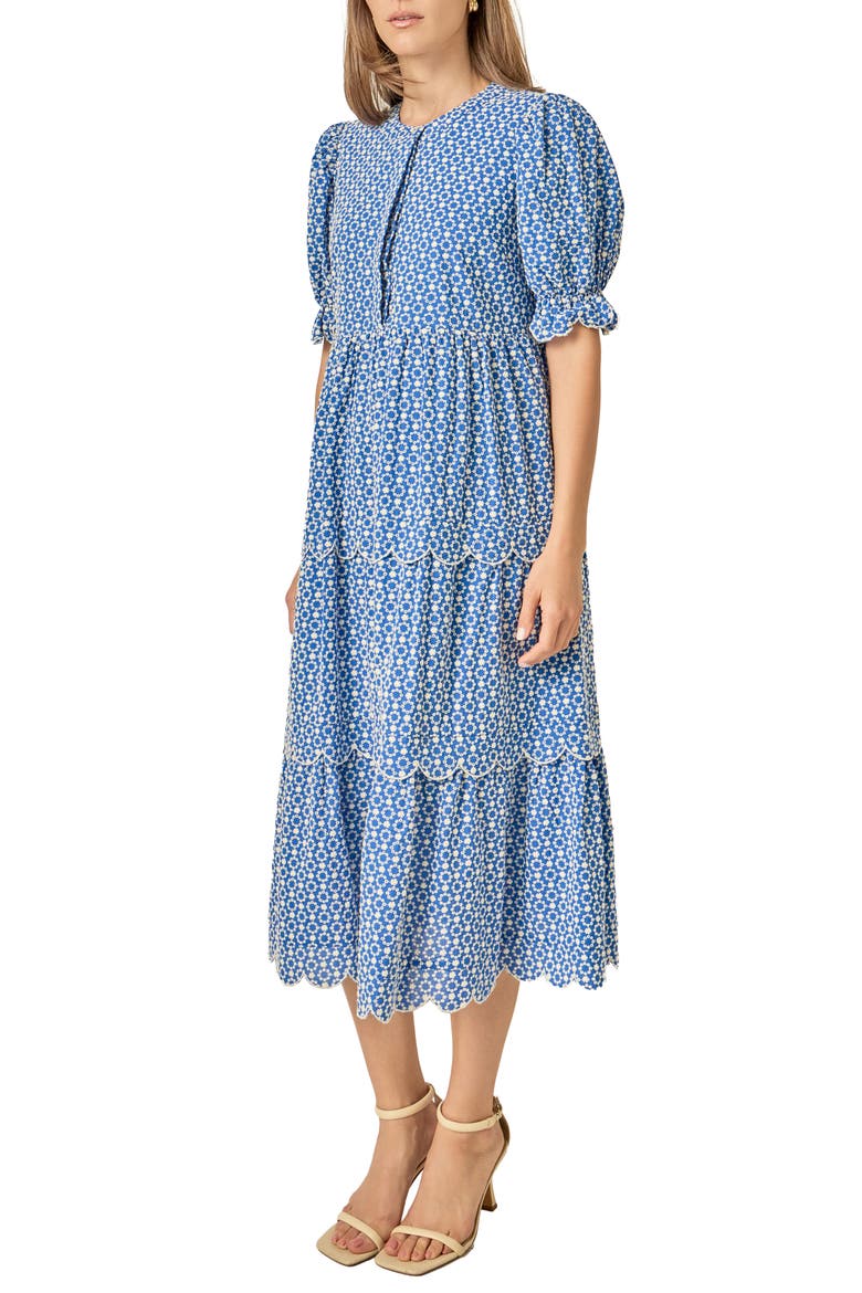 Scalloped Print Cotton Midi Dress, Alternate, color, BLUE